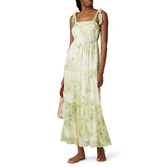 Line + Dot Palm Green Tie Dye Print Square Neck Tie Strap Tiered Maxi Dress Sz L - Picture 1 of 16